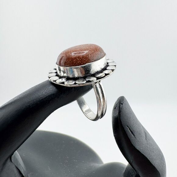 Vintage Goldstone Ring Silver Tone Oval Cabochon Boho Statement 1970s Retro - Picture 7 of 9